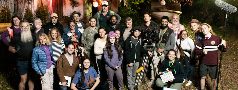 Joanne Verikios with some of the cast and crew of Five Moons of Pluto on location